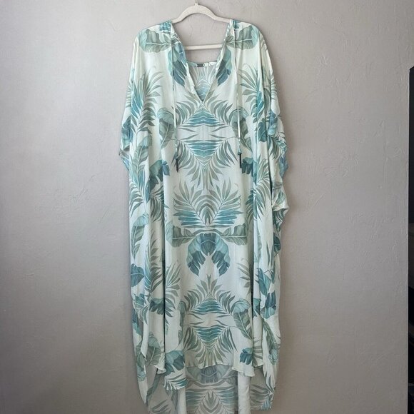 Vacances Beach Swim Coverup Palm Leaf 100% Silk Cream Caftan kimono resortwear - Picture 2 of 16